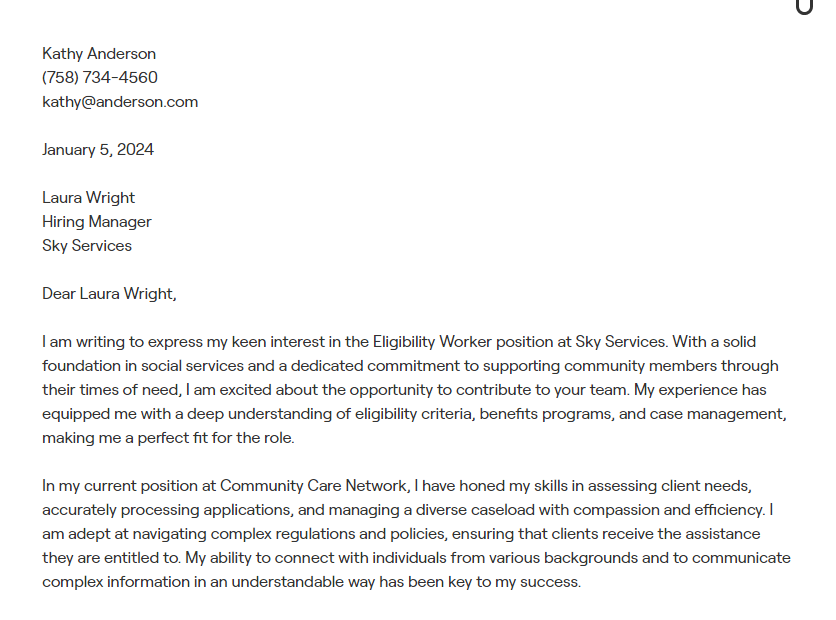 eligibility worker cover letter