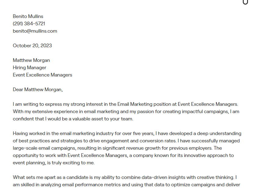 email marketing cover letter