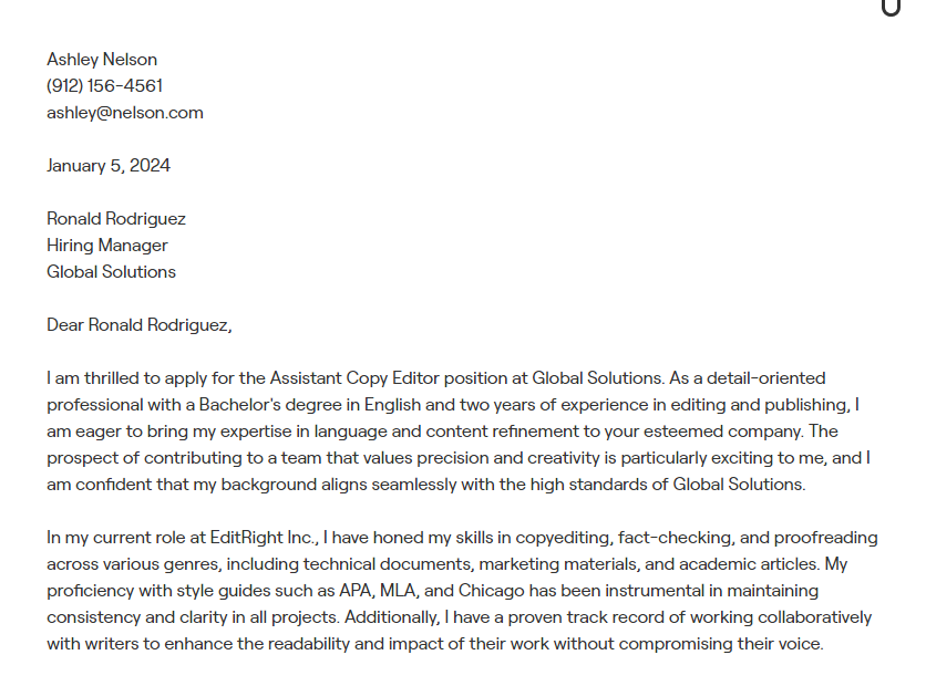 copy editor cover letter