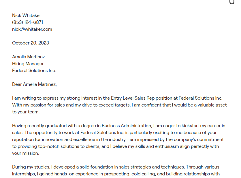 entry level sales rep cover letter