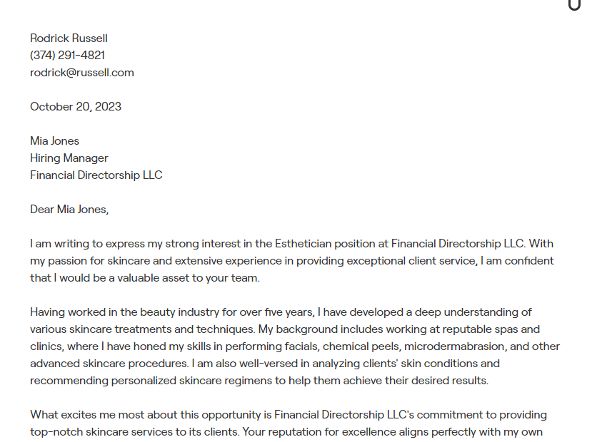 esthetician cover letter