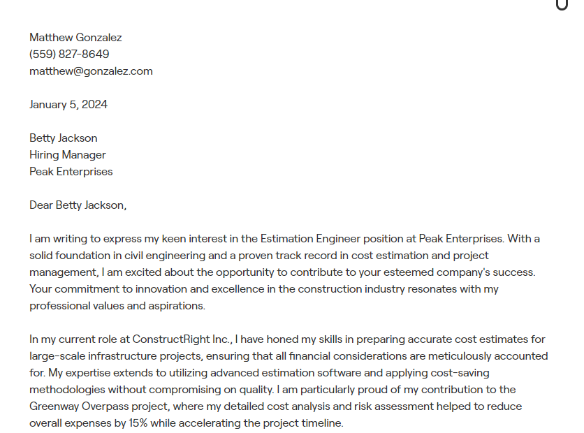 estimation engineer cover letter