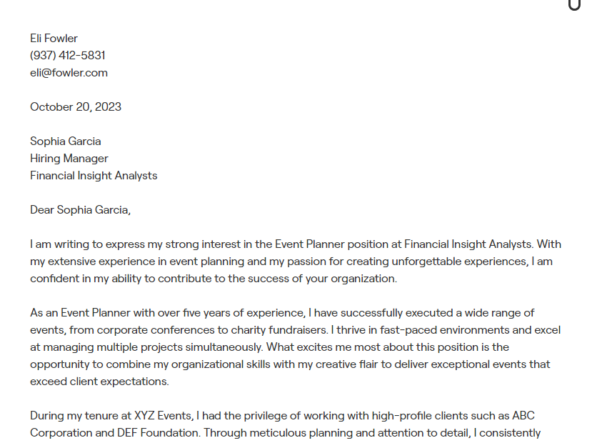 event planner cover letter
