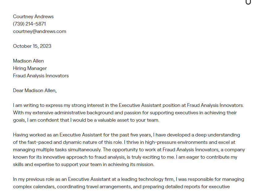 executive assistant cover letter