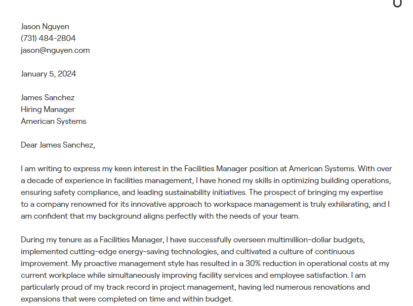 facilities manager cover letter
