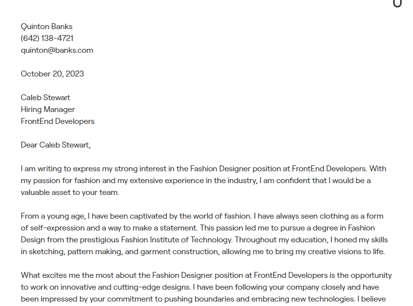 fashion designer cover letter