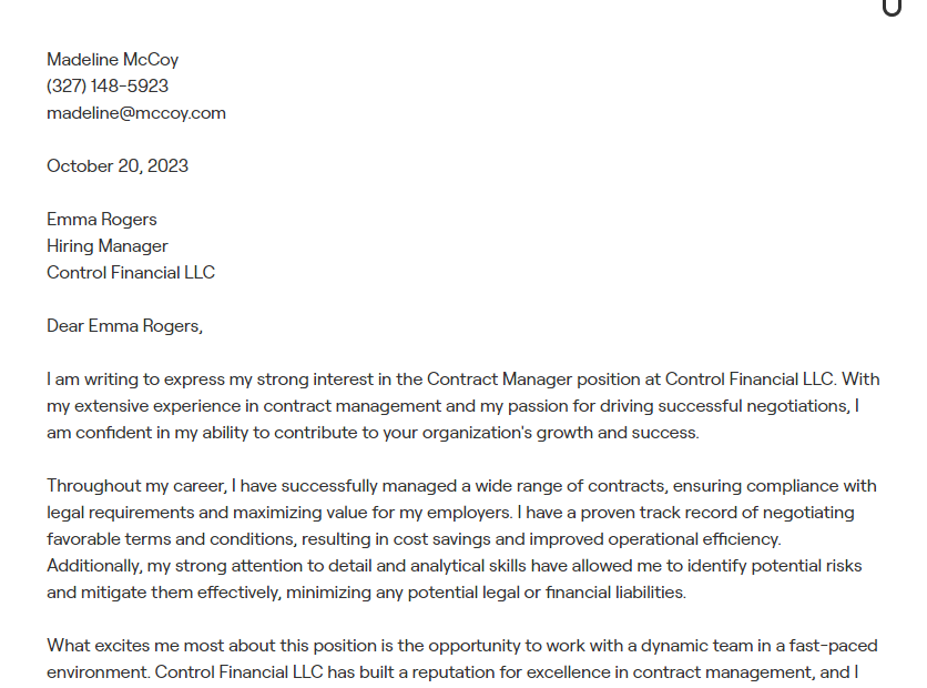 contract manager cover letter