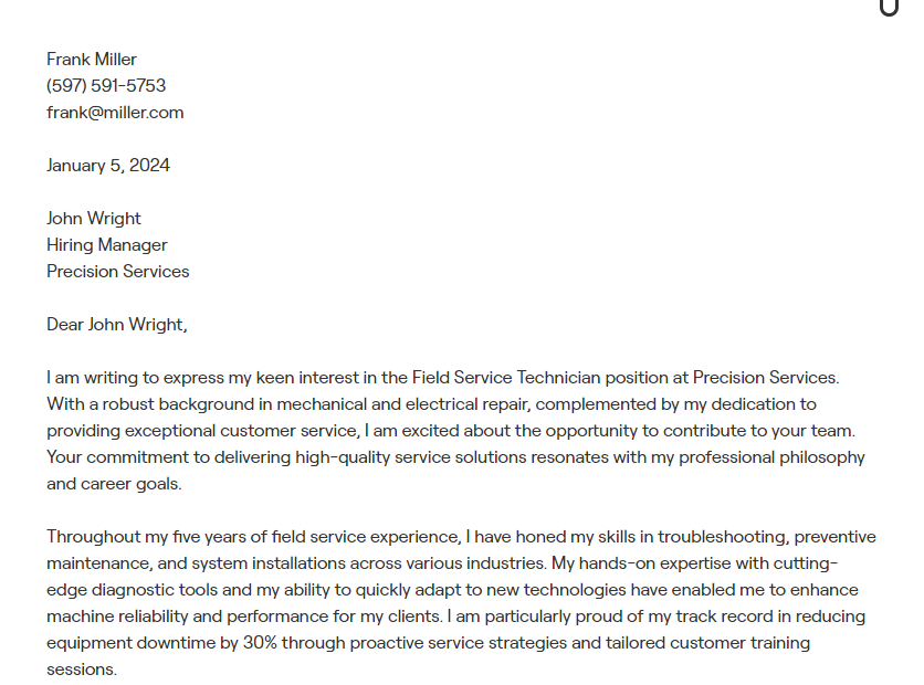 field service technician cover letter
