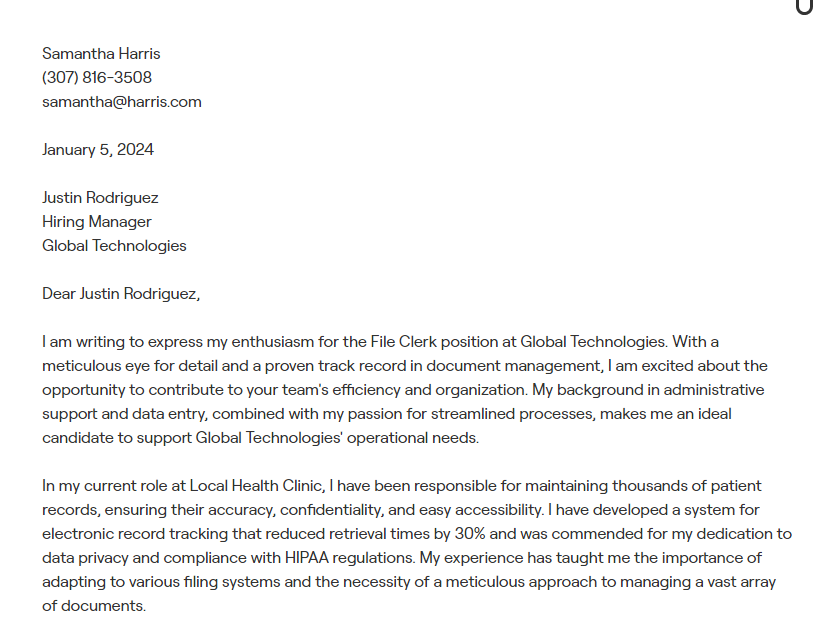file clerk cover letter
