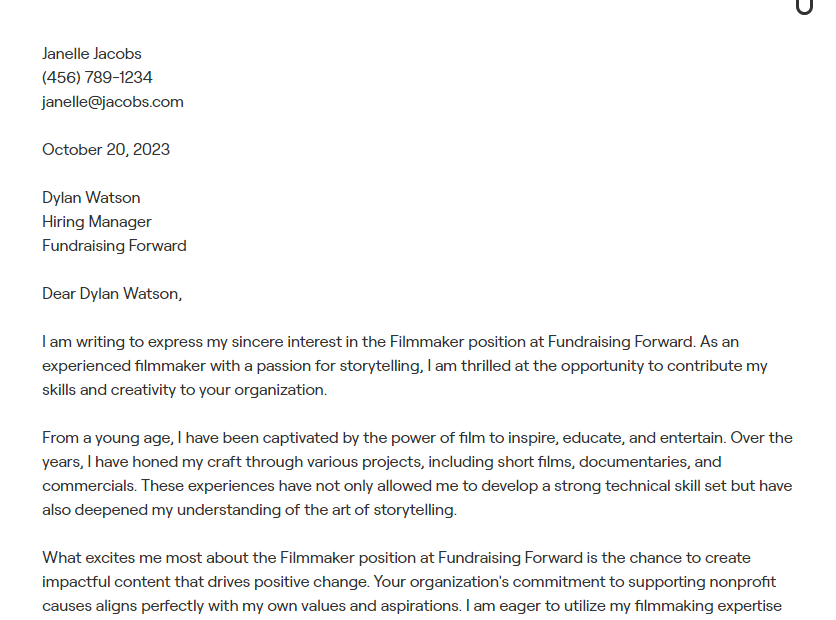 filmmaker cover letter