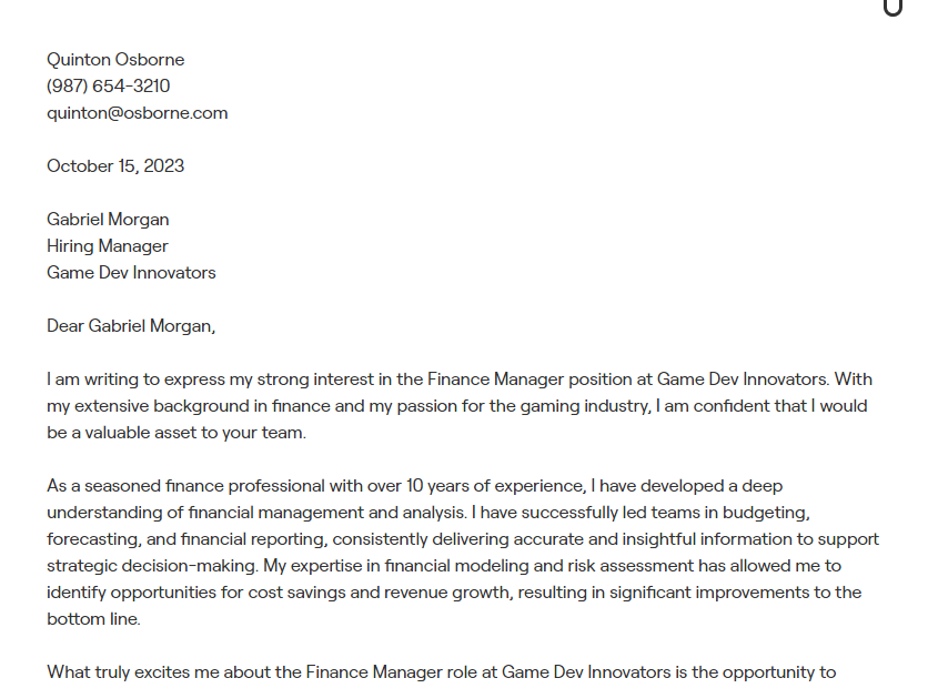 finance manager cover letter