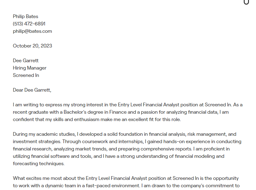 financial analyst cover letter