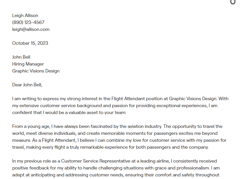 flight attendant cover letter