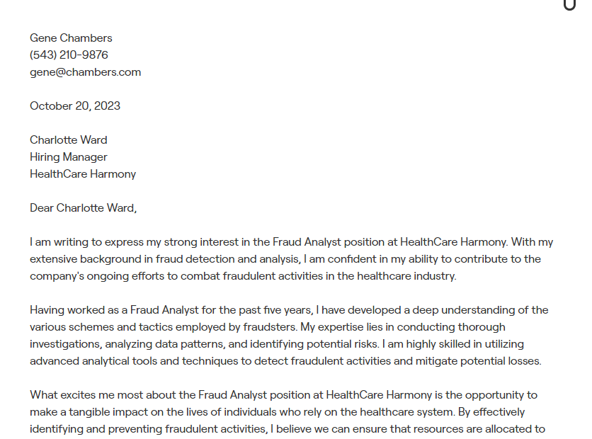 fraud analyst cover letter
