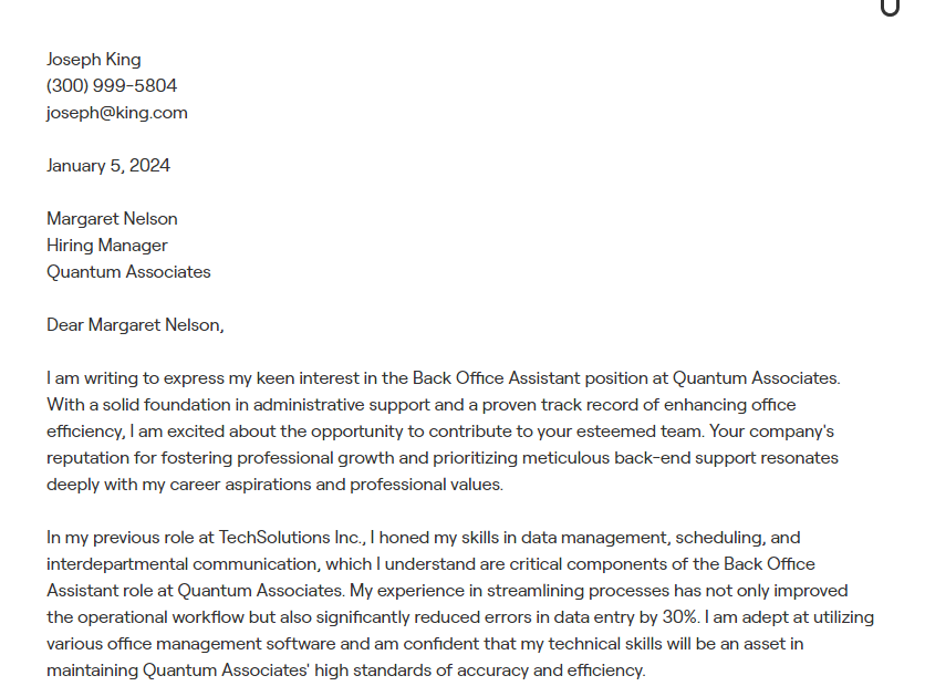 back office assistant cover letter