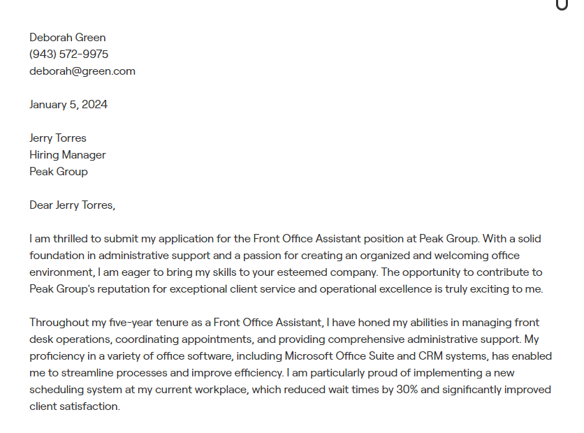 front office assistant cover letter
