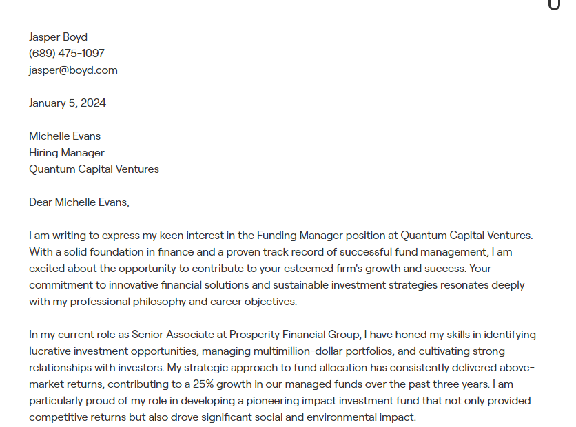 funding manager cover letter