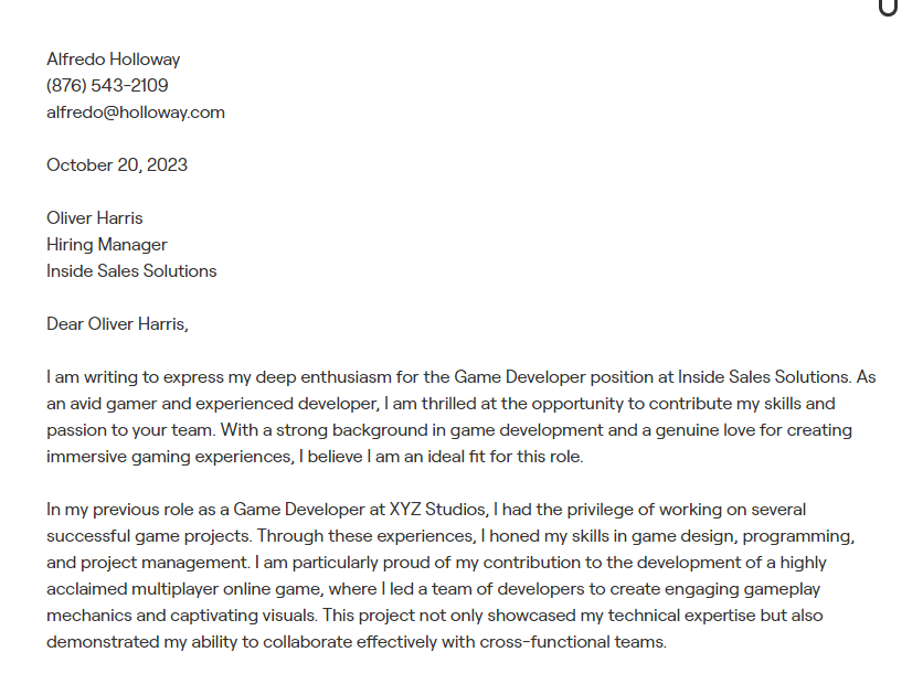 game developer cover letter