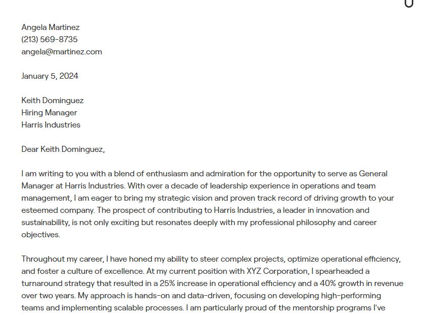 general manager cover letter