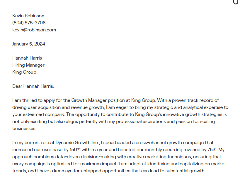 growth manager cover letter