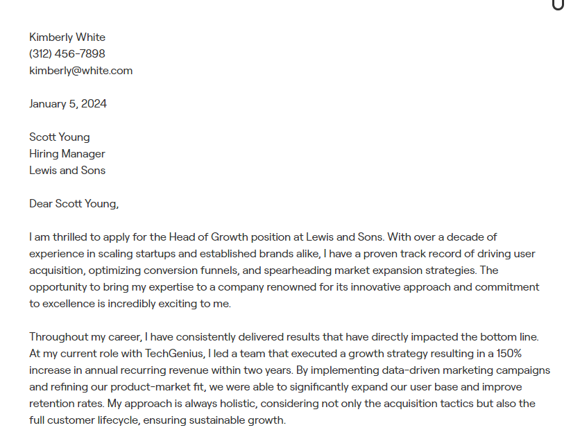 head of growth cover letter