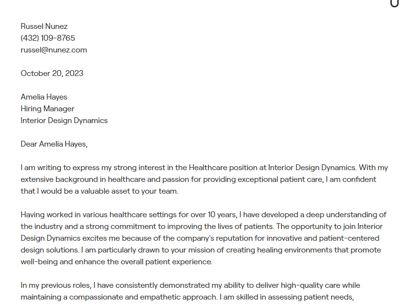healthcare cover letter