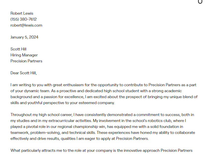 high school cover letter