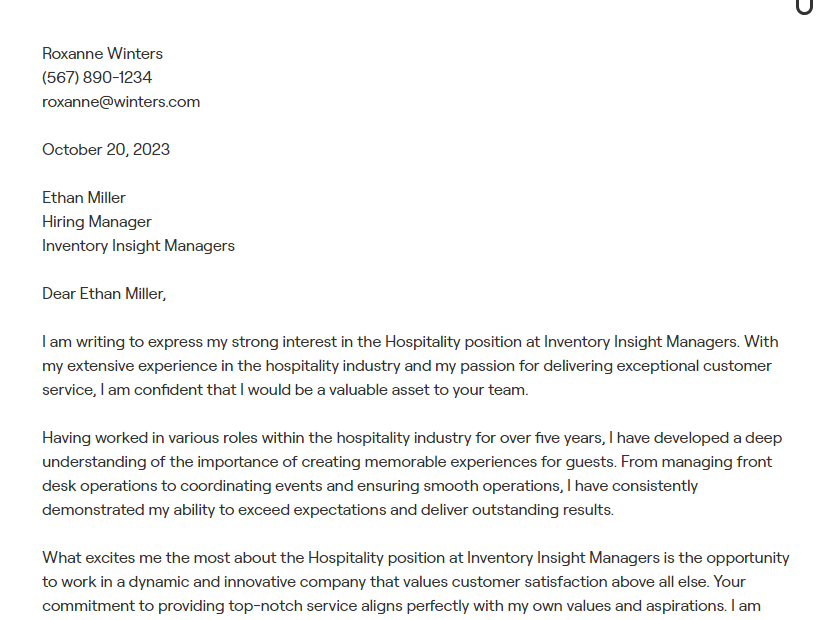 hospitality cover letter