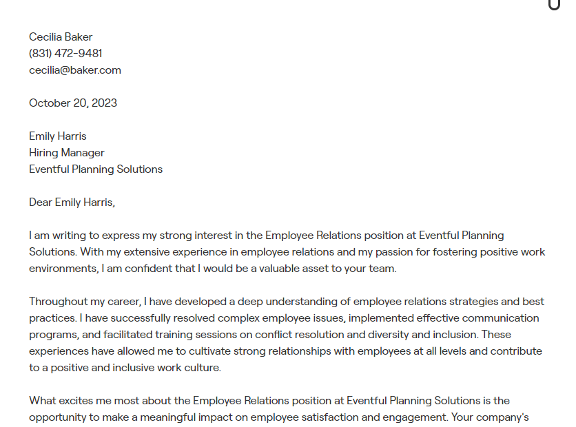 employee relations cover letter