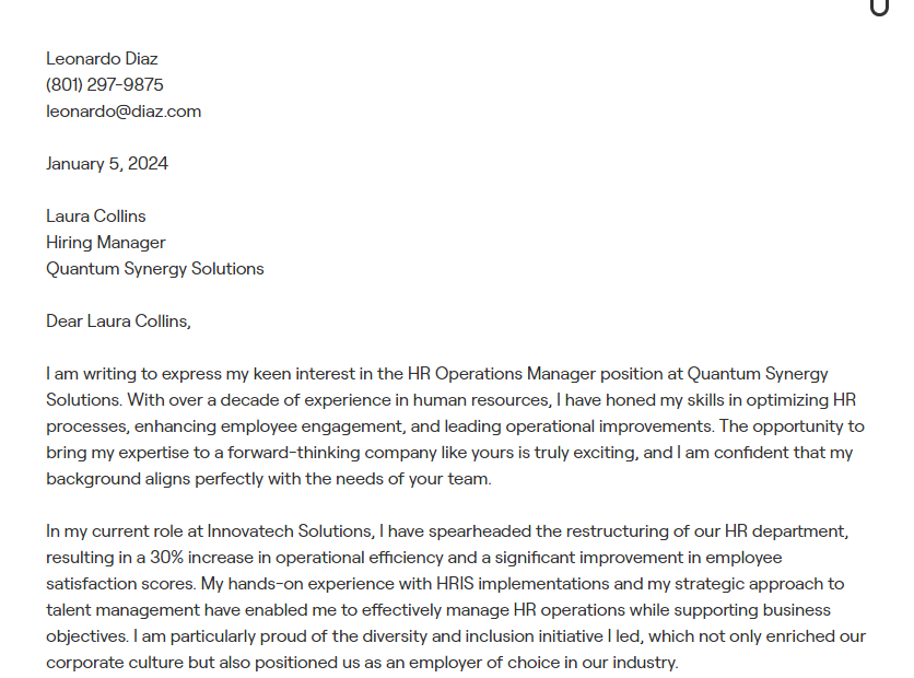 hr operations manager cover letter