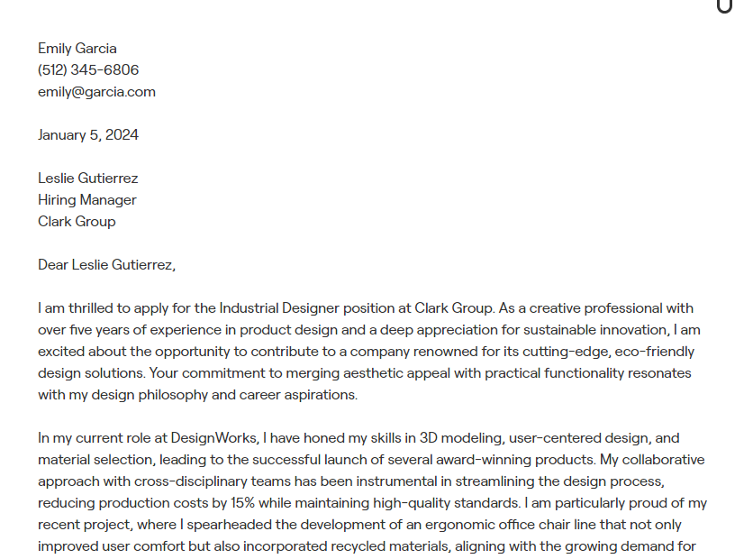 industrial designer cover letter