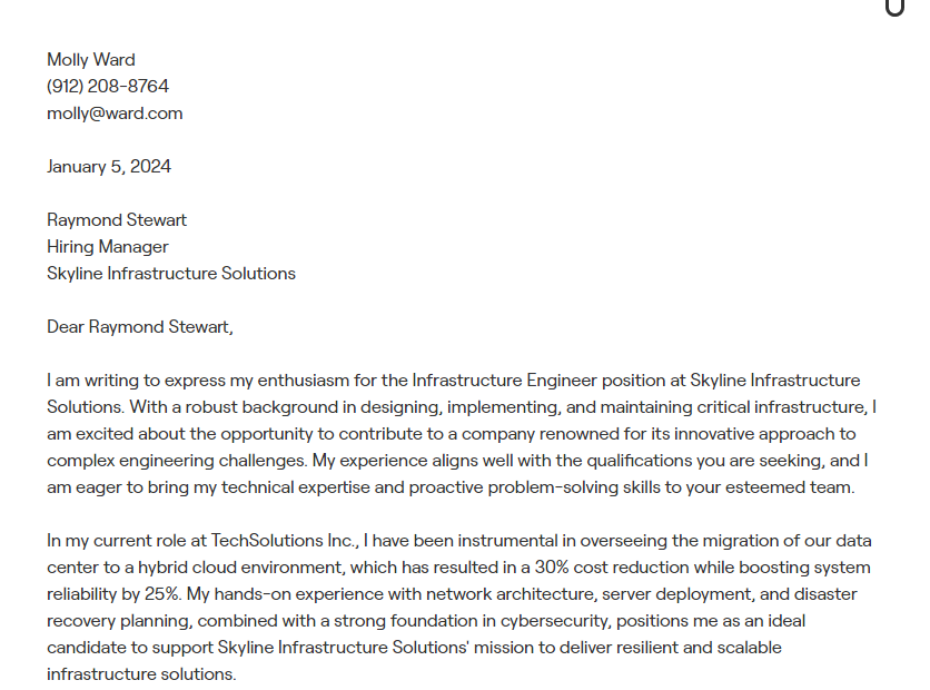 infrastructure engineer cover letter