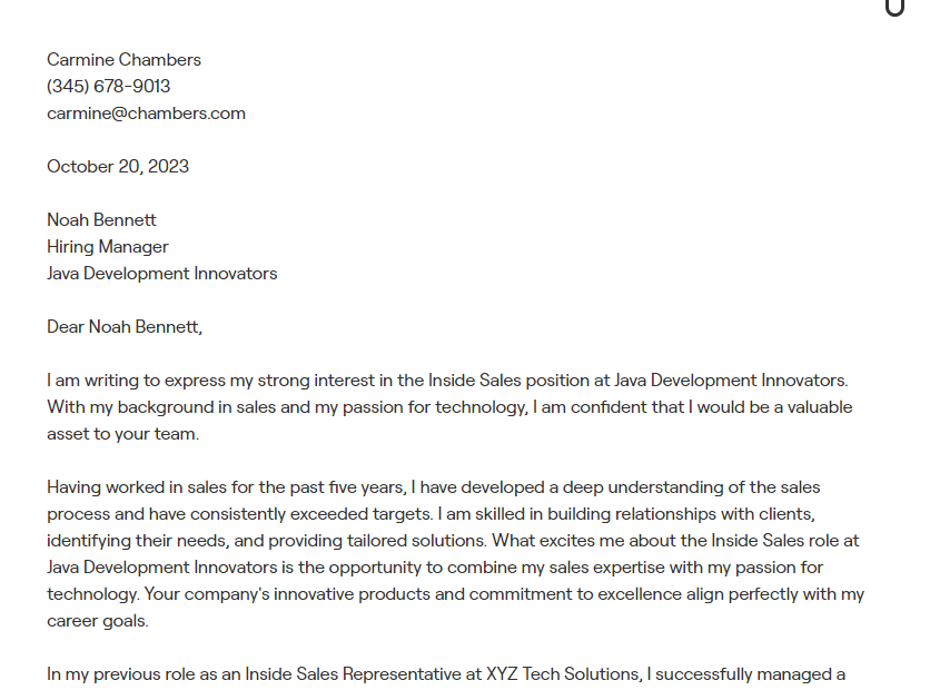 inside sales cover letter