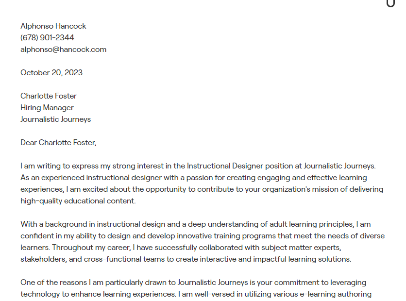 instructional designer cover letter