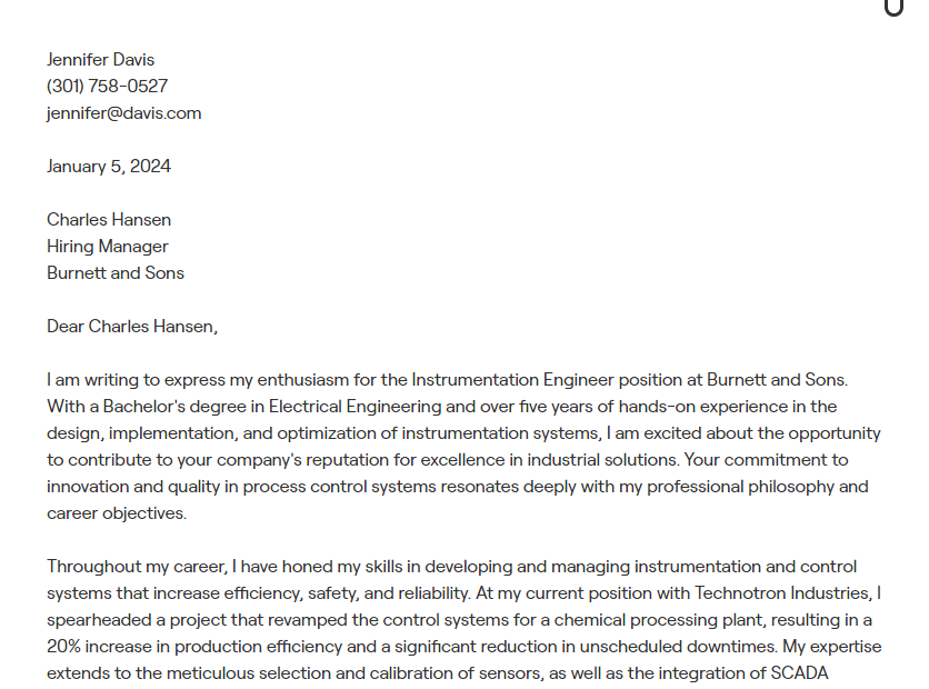 instrumentation engineer cover letter