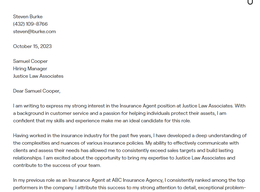 insurance agent cover letter
