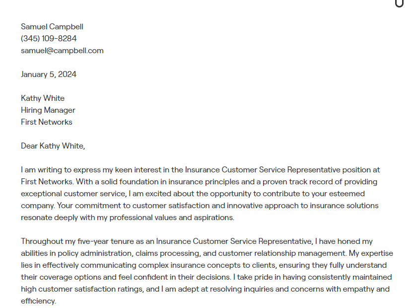 insurance customer service representative cover letter