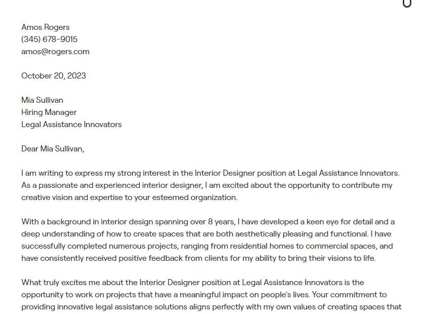 interior designer cover letter