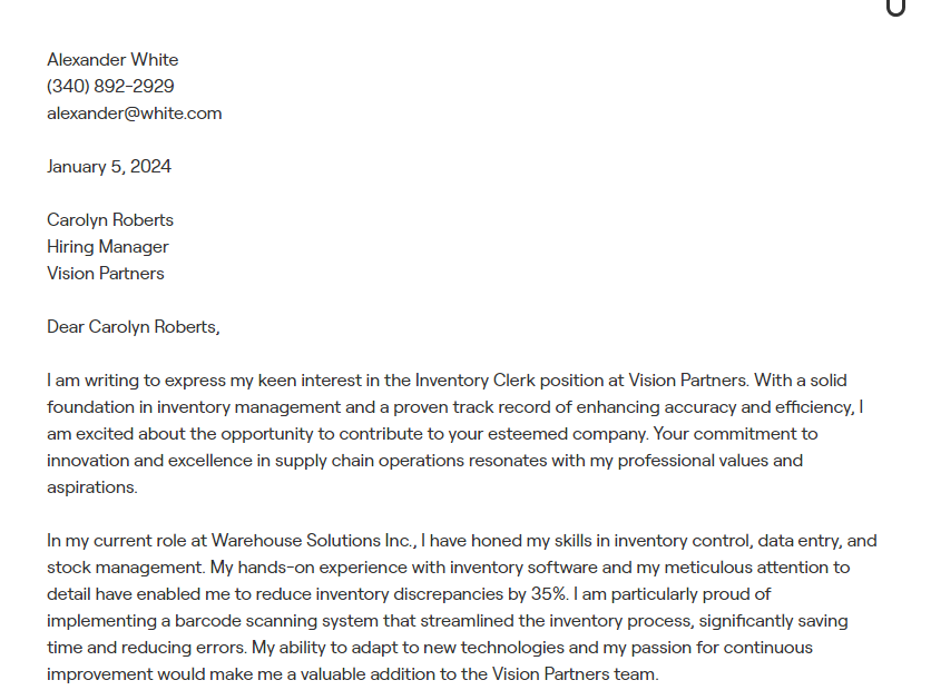 inventory clerk cover letter