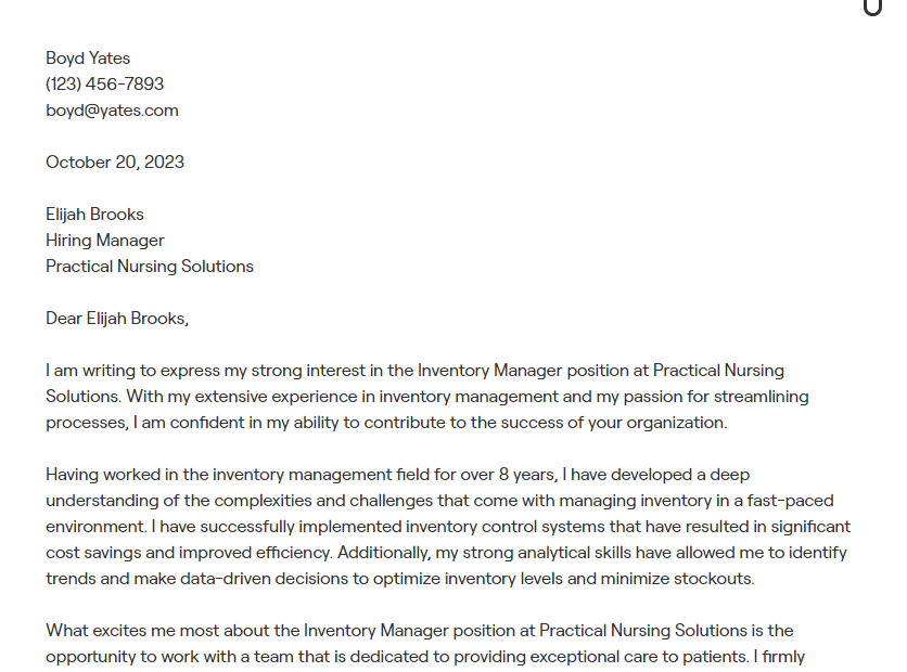inventory manager cover letter