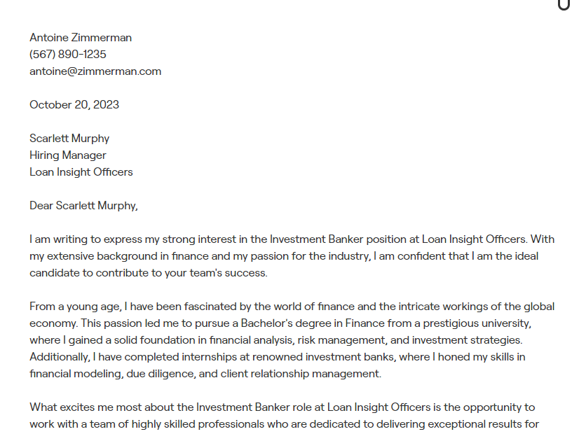investment banker cover letter