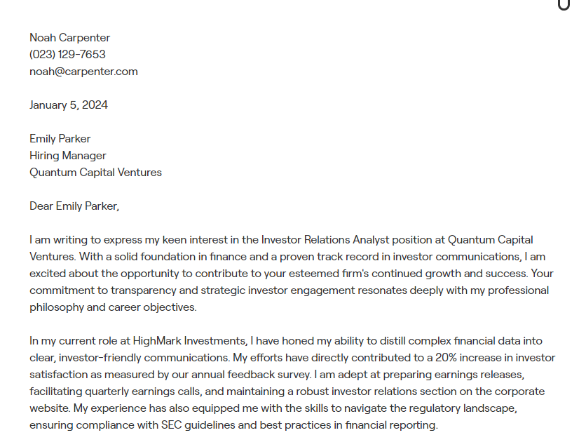 investor relations analyst cover letter