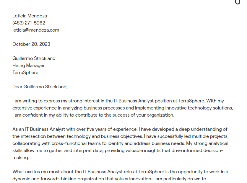 it analyst cover letter