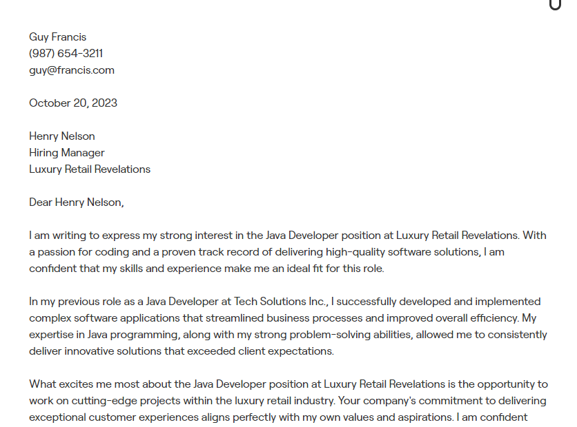 java developer cover letter