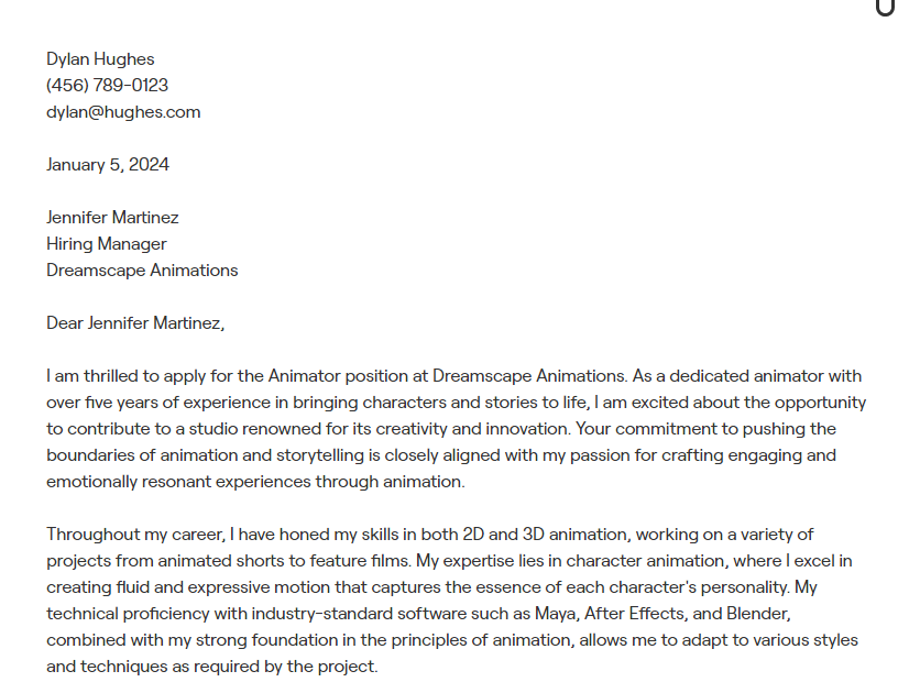 animator cover letter