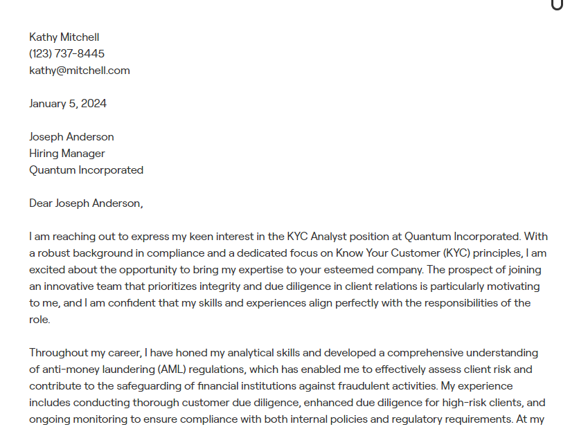 kyc analyst cover letter