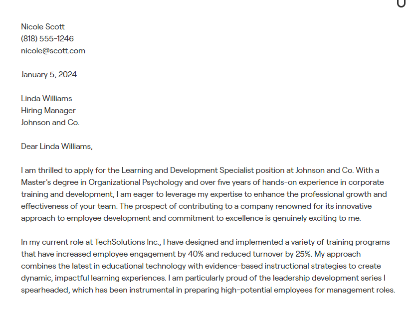 learning and development specialist cover letter
