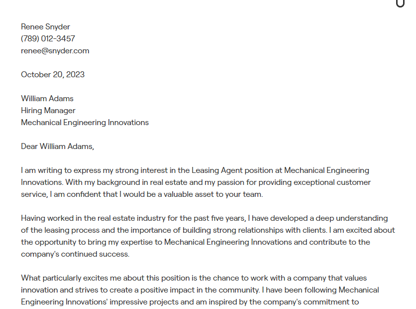 leasing agent cover letter