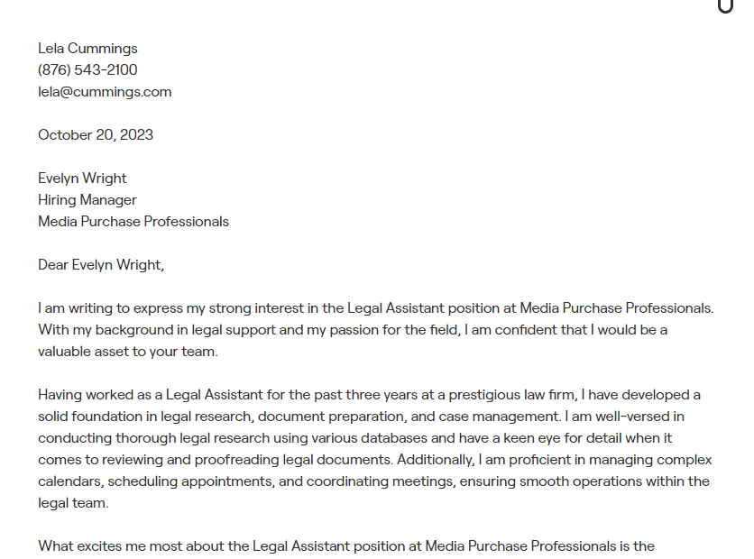 legal assistant cover letter