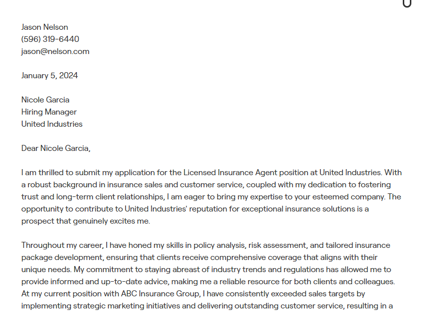 licensed insurance agent cover letter
